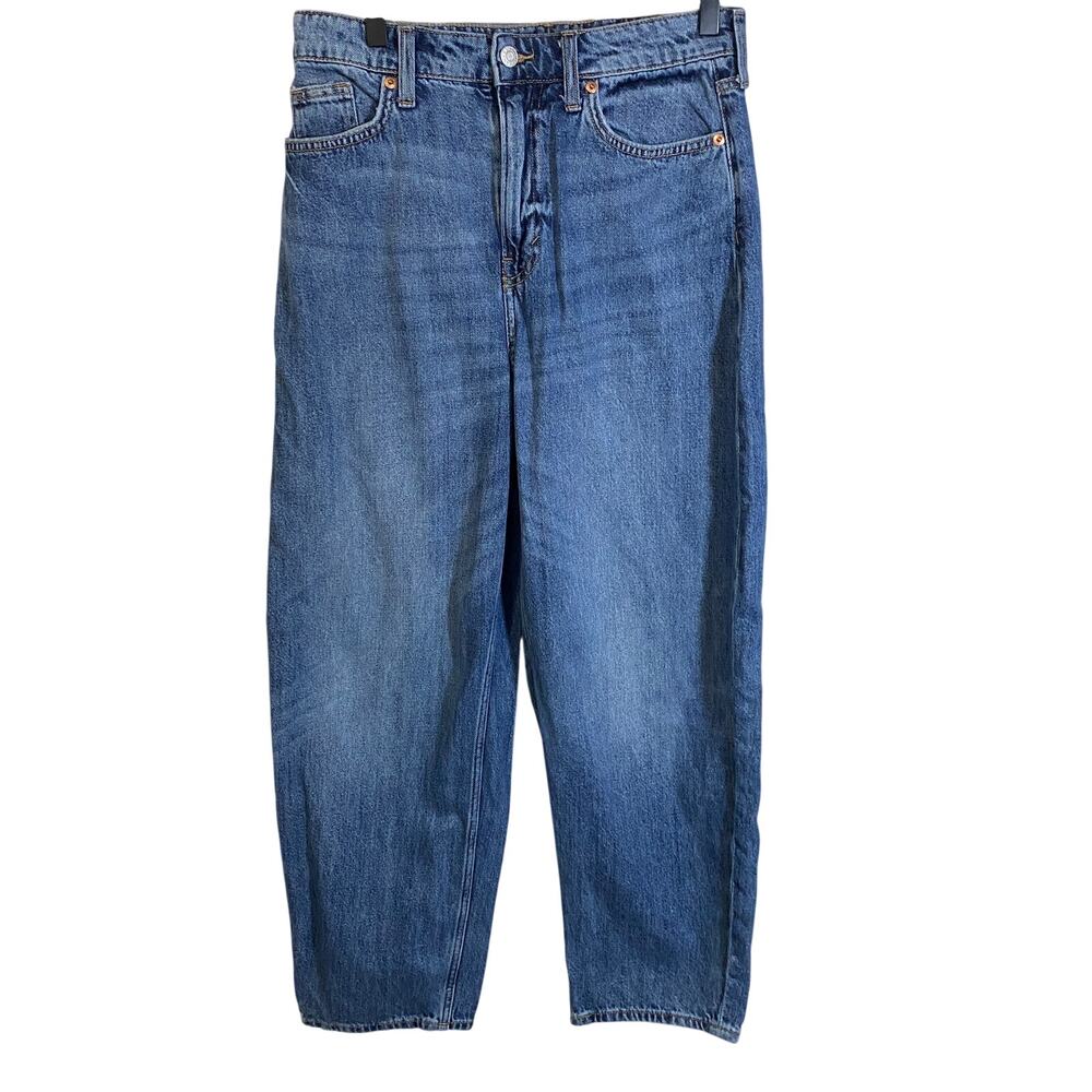 H&M &Denim High Waisted Barrel Leg Ankle Jeans Medium Wash Denim Loose Fit Sz 4